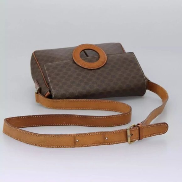 CELINE Macadam Canvas Circle Shoulder Bag PVC Leather Brown Gold Auth - Picture 3 of 16